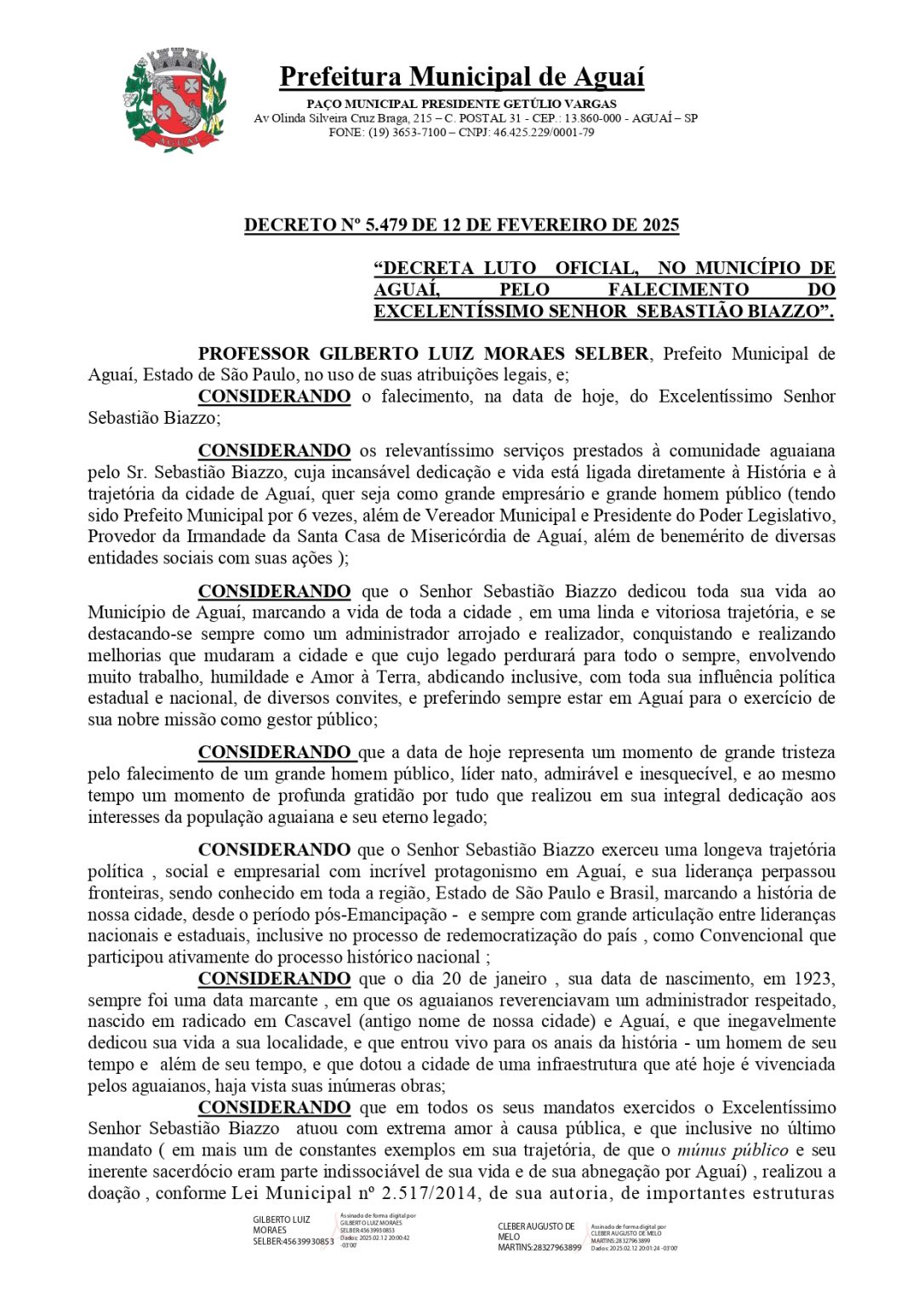 Decreto de Luto Oficial - Prefeitura Municipal de Aguaí